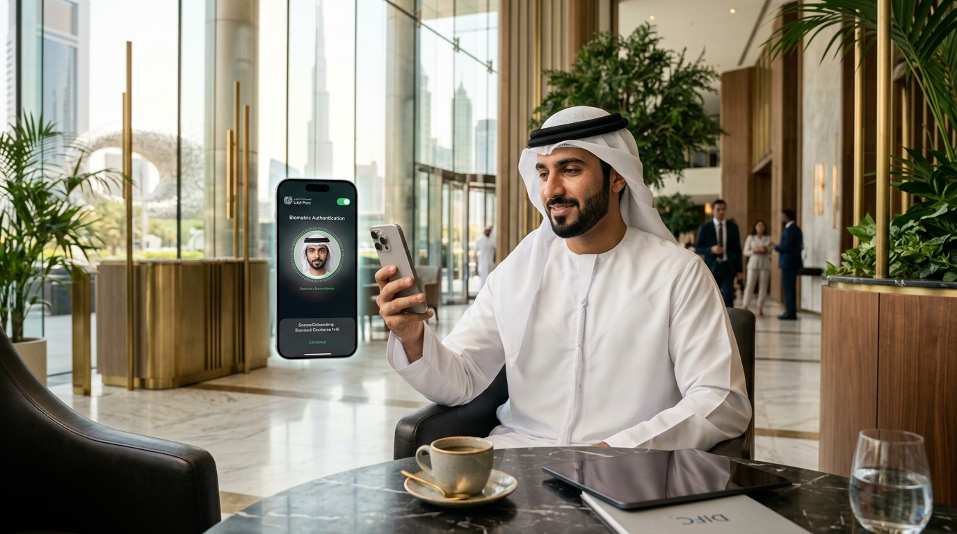 34-Step Digital Onboarding & e-KYC Architecture | Native UAE PASS and biometric facial recognition in DIFC atrium