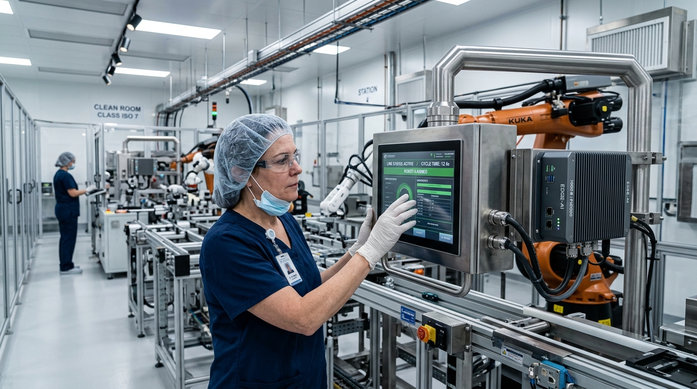 Industrial Automation & Clean-Room Panel PCs|Senior automation engineer operating an IP69K stainless steel panel PC and Edge AI node in an advanced manufacturing clean-room