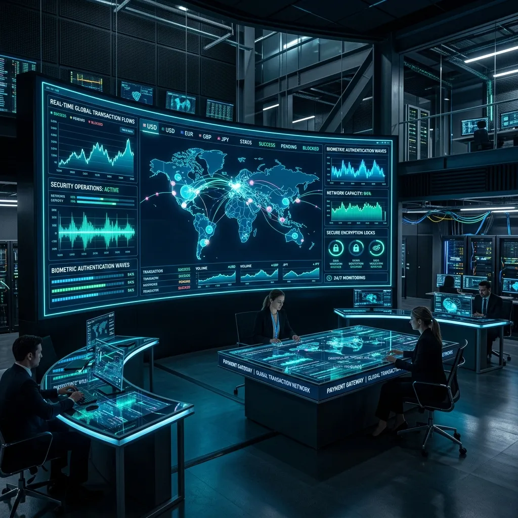 Carrier-grade digital banking payment gateway and financial transaction network command center with real-time global settlement streams